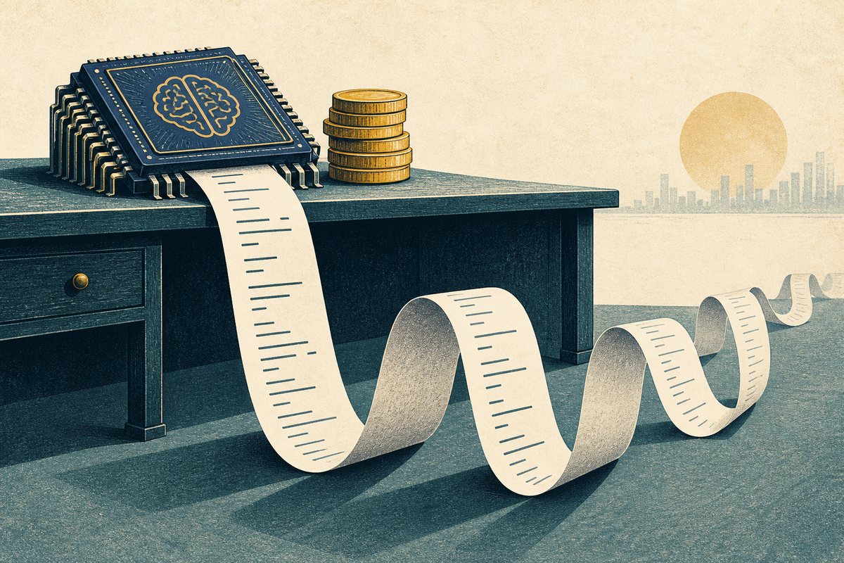 A microchip and a stack of coins sit on a desk as a long receipt unfurls into the foreground.