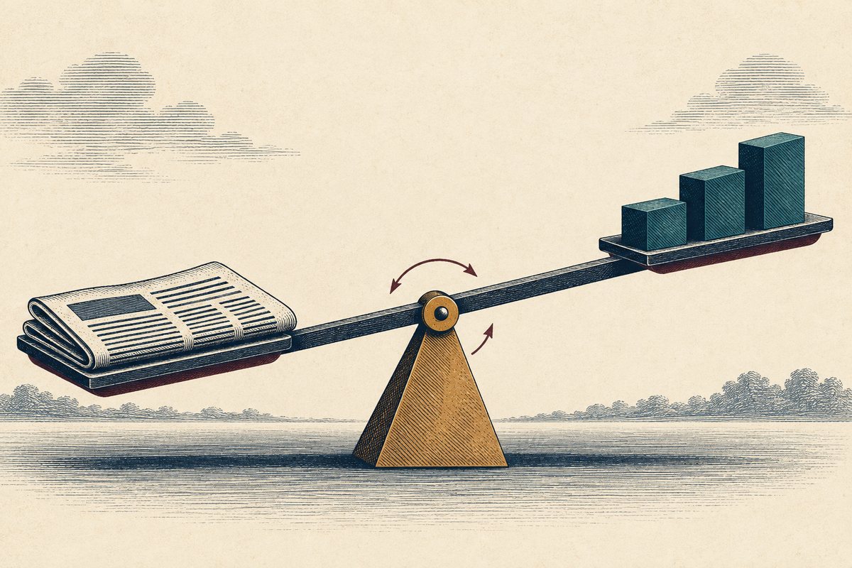 A newspaper weighs down one side of a seesaw while three ascending blocks rise on the other side.