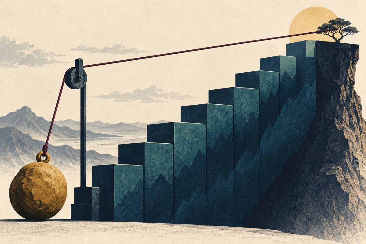 A rising staircase of teal blocks is connected by a pulley and cord to an ochre counterweight.