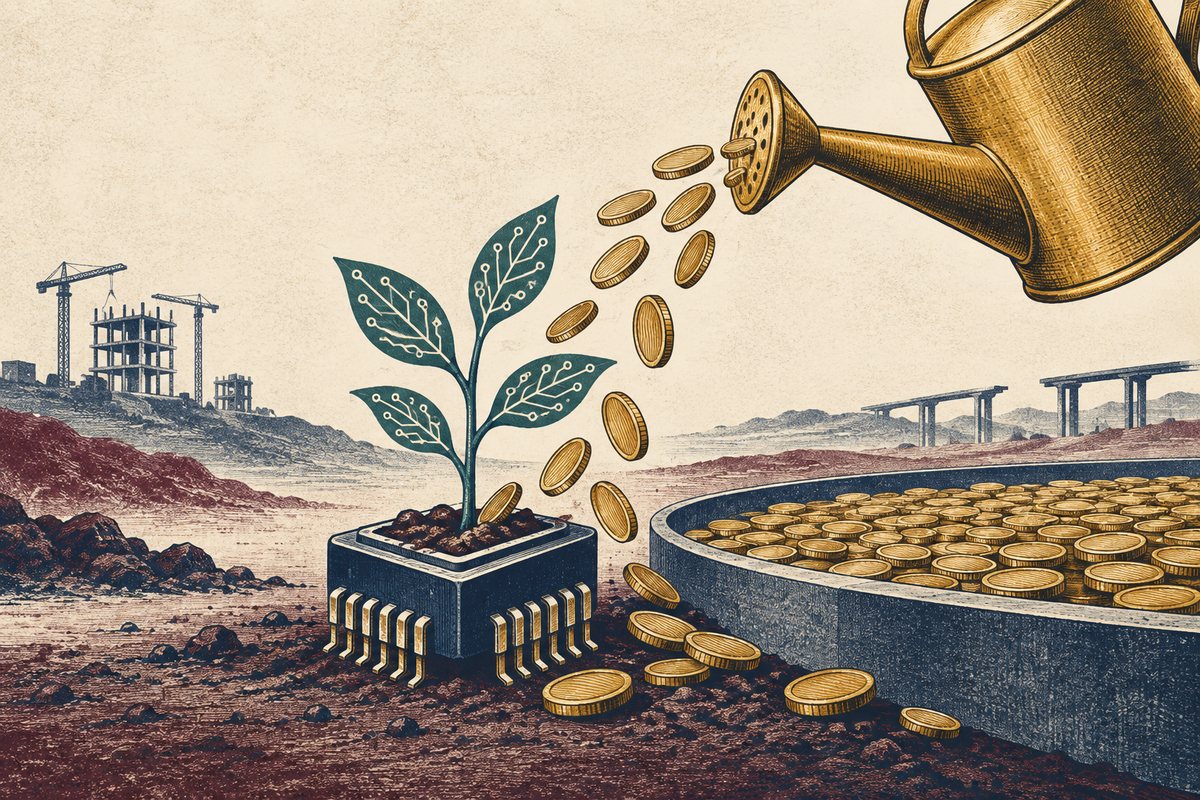 Coins pour from a watering can beside a sapling with circuit-like leaves growing from a microchip planter.