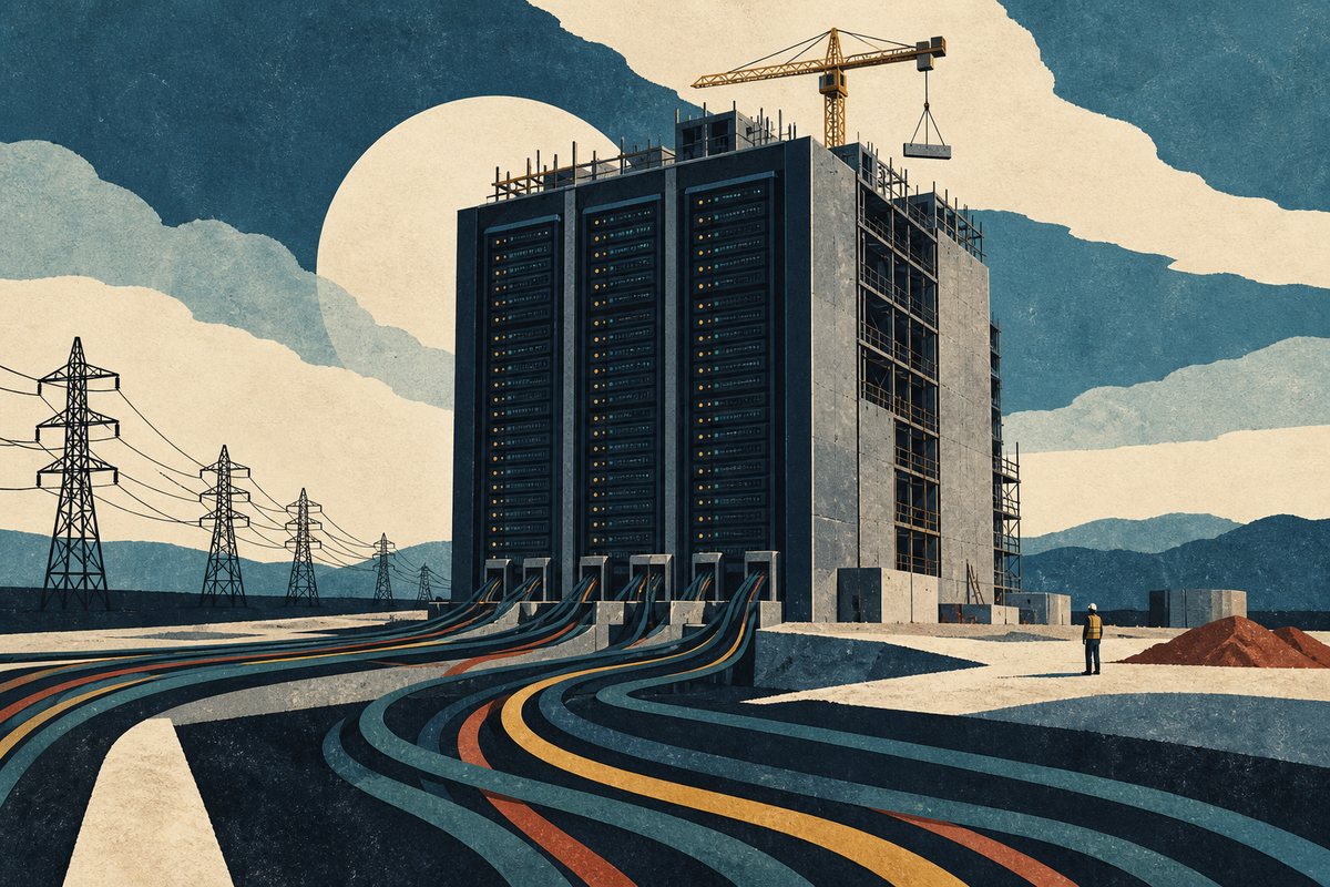 A server cabinet imagined as a building under construction, with a crane above and power cables flowing toward it.