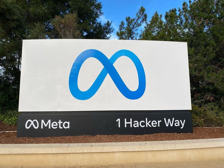 Entrance sign at Meta headquarters in Menlo Park, photographed in May 2022.