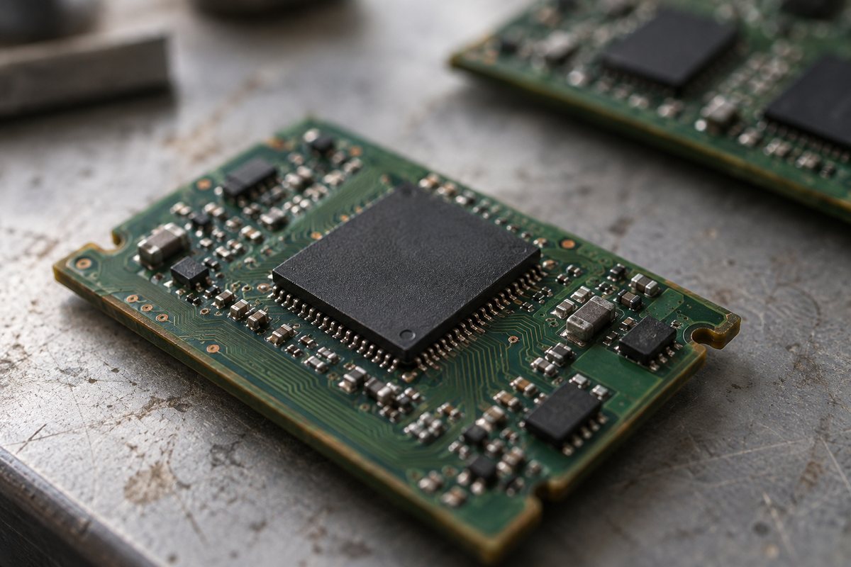 An unbranded chip on a circuit board resting on a laboratory workbench.